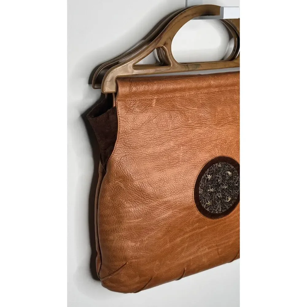 1990s Lilith NYC Acrylic Handle Leather Bag Cognac Brown Suede Purse